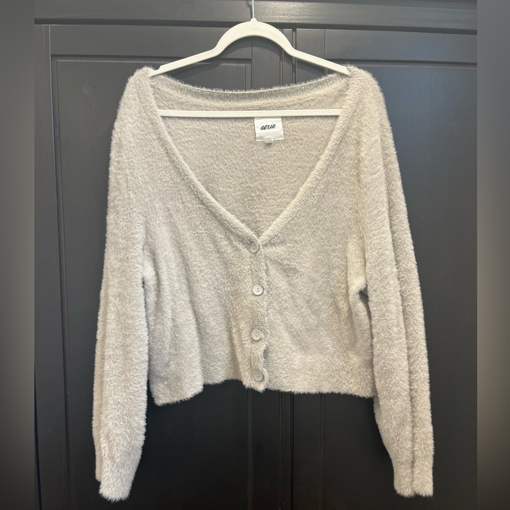 aerie Cream Cozy Fuzzy V-Neck Button Cardigan